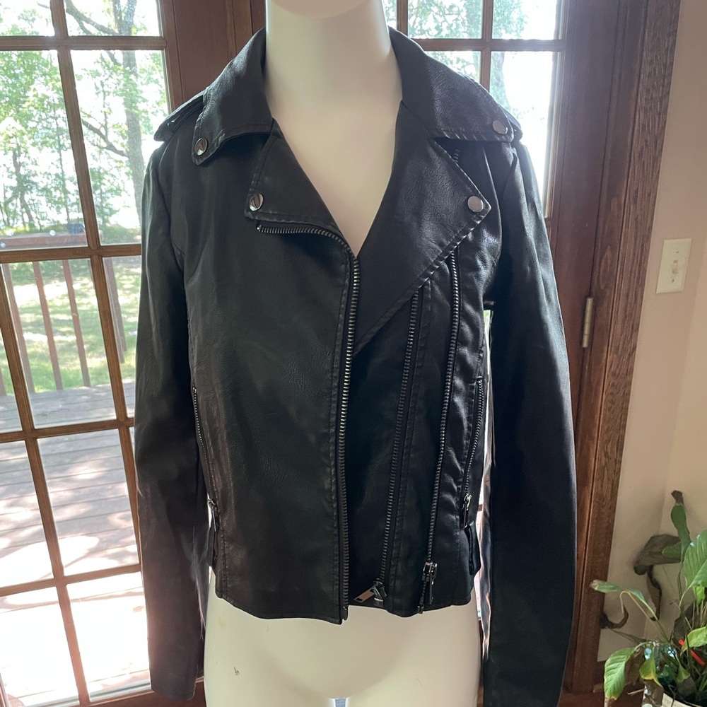 Black faux leather moto jacket